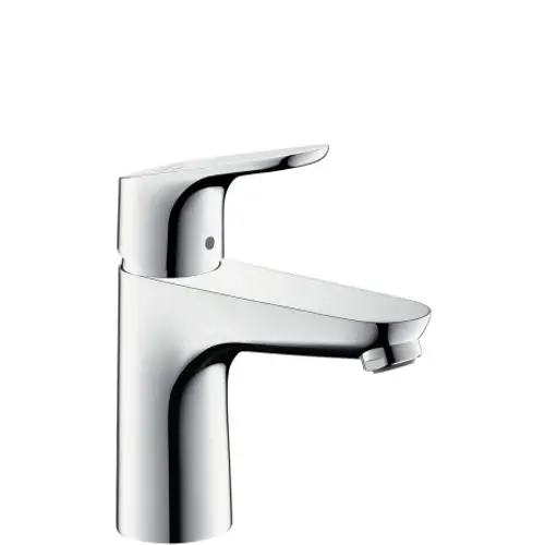 Einhebel-Waschtischmischer aus Chrom von Hansgrohe mit glatter Oberfläche und seitlichem Hebel zur Temperatur- und Durchflussregulierung.